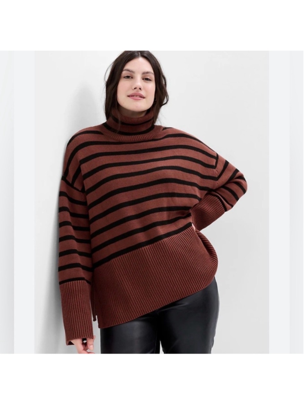 Gap Factory 24/7 Split-Hem Stripe Turtleneck Sweater Sise Large Neutral Stripe